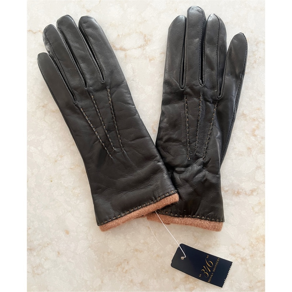 Brooks Brothers 346 Black Leather & Brown Cashmere Lined Gloves Large NWT
